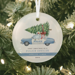 Custom Modern Police Officer First Christmas Glass Tree Decoration
