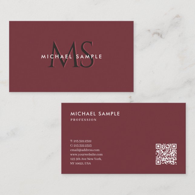 Custom Modern QR Code Monogram Elegant Wine Colour Business Card (Front/Back)