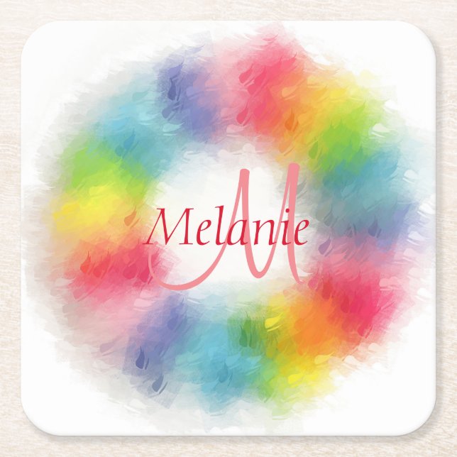 Custom Modern Rainbow Abstract Art Monogrammed Square Paper Coaster (Front)