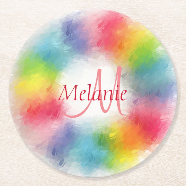 Custom Modern Rainbow Abstract Monogram Template Round Paper Coaster (Front)