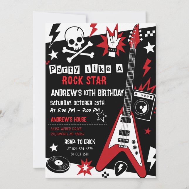 Custom Modern Rock Star Birthday Invitation (Front)
