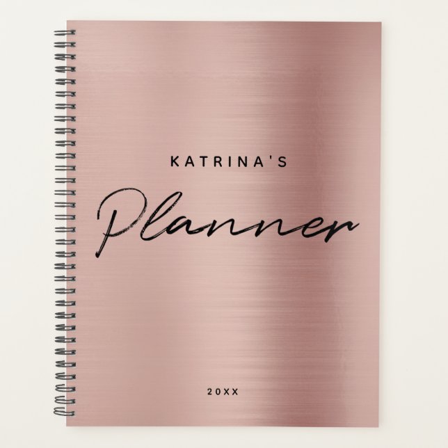 Custom Modern Rose Pink Gold Minimalist Script Planner (Front)