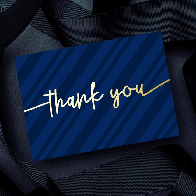   Custom Modern Script Navy Blue Stripes Thank You Foil Holiday Card (Creator Uploaded)