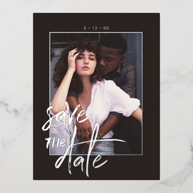 Custom Modern Script Photo Wedding Save the Date Foil Holiday Postcard (Front)