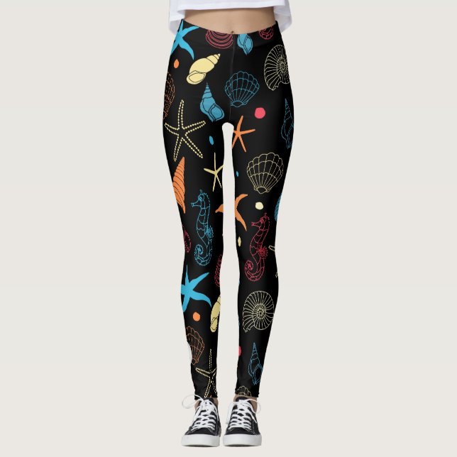 Custom modern seahorse, starfish & shells pattern, leggings (Front)