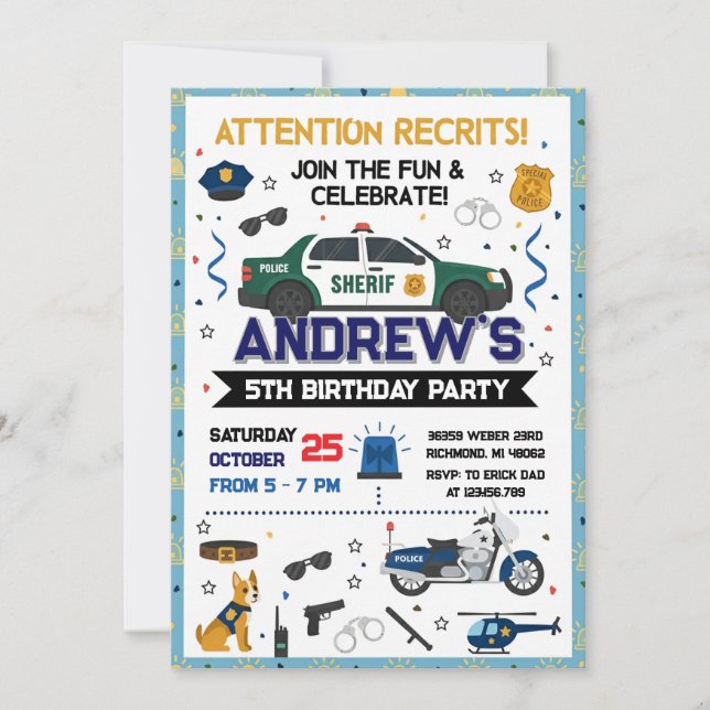 Custom Modern Sheriff Police Birthday party Invitation (Front)