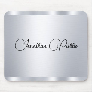 Custom Modern Silver Metallic Look Typography Name Mouse Pad