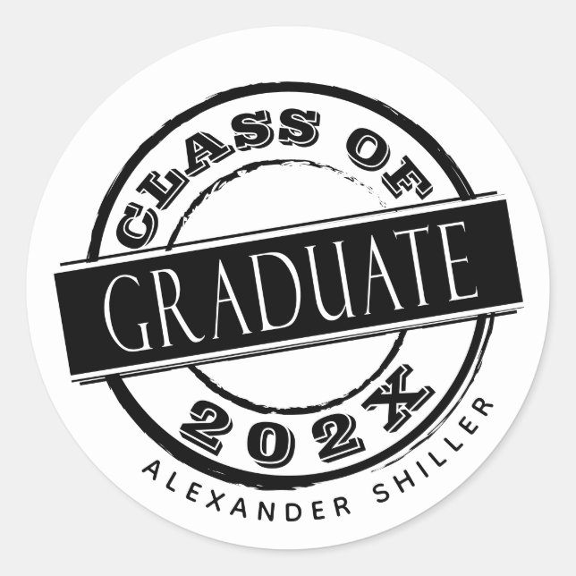 Custom Modern Simple Black & White Graduate  Classic Round Sticker (Front)