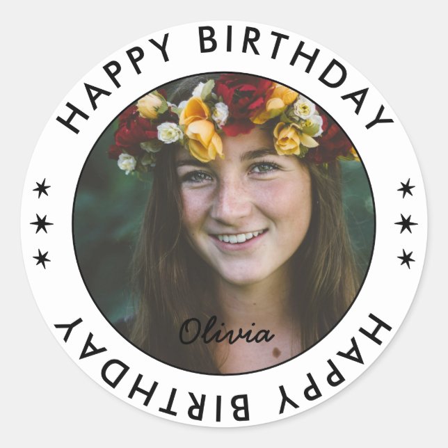 Custom Modern Simple Elegant Happy Birthday Photo Classic Round Sticker (Front)