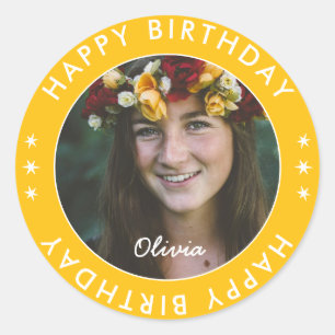 Custom Modern Simple Yellow Happy Birthday Photo Classic Round Sticker