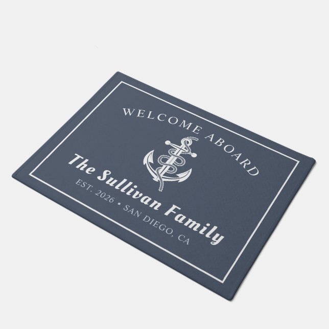 Custom Modern Slate Grey Nautical Welcome Aboard Doormat (Angled)