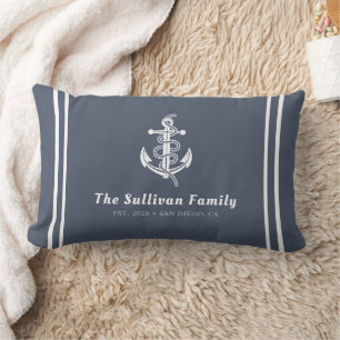 Custom Modern Slate Grey Striped Nautical Anchor Lumbar Cushion