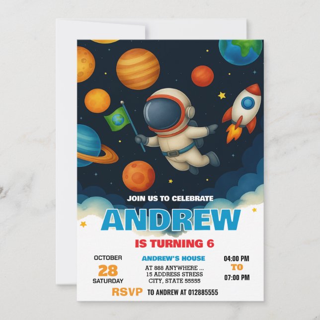 Custom Modern Space Astronaut Birthday Invitation (Front)