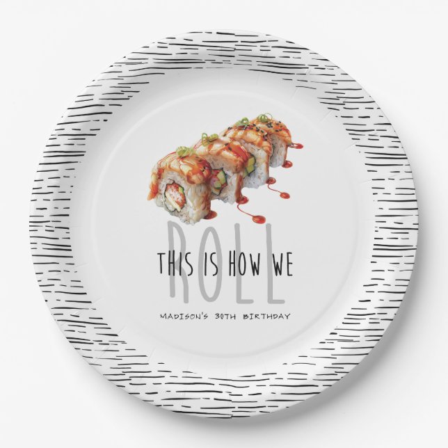 Custom Modern Sushi Adult Birthday Paper Plate (Front)