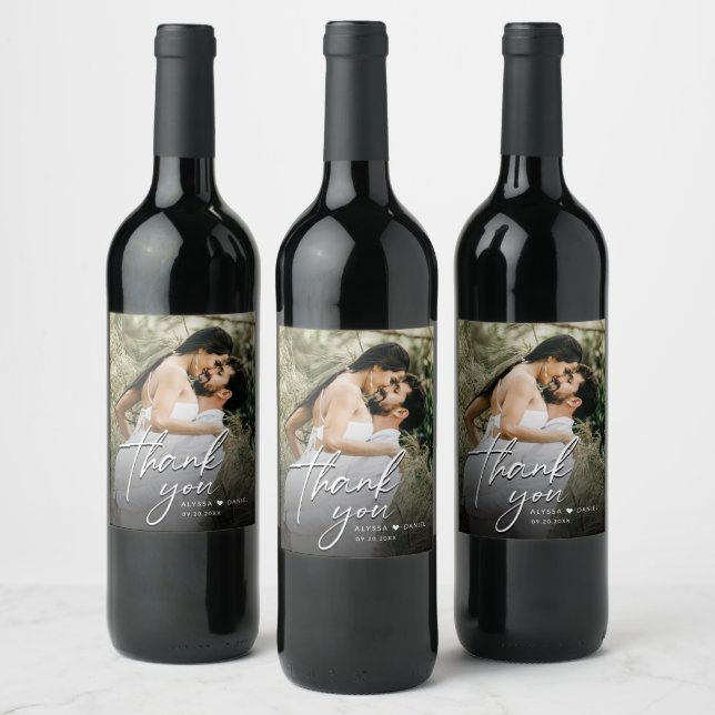 Custom Modern Thank you Script Photo Wedding  Wine Label (Bottles)