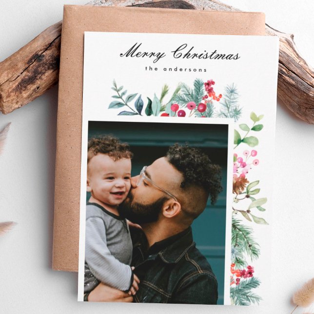 Custom Modern Traditional Festive Christmas Holly Holiday Card (Creator Uploaded)