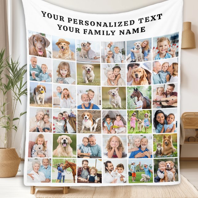 Custom Modern Trendy Family 36 Photo Collage Fleece Blanket (Creator Uploaded)