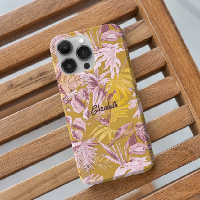 Custom Modern Tropical Leaf Yellow Grey  Case-Mate iPhone Case (The custom phone case with tropical rainforest leaves printed has the tone of summer, yellow.)