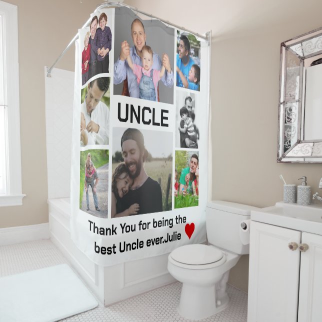 Custom modern Uncle 8 Photo Collage Shower Curtain (In Situ)