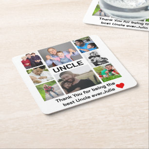 Custom modern Uncle 8 Photo Collage  Square Paper Coaster