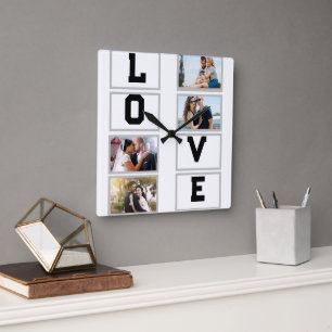 Custom Modern Valentine's Day 4 Photo Collage  Square Wall Clock