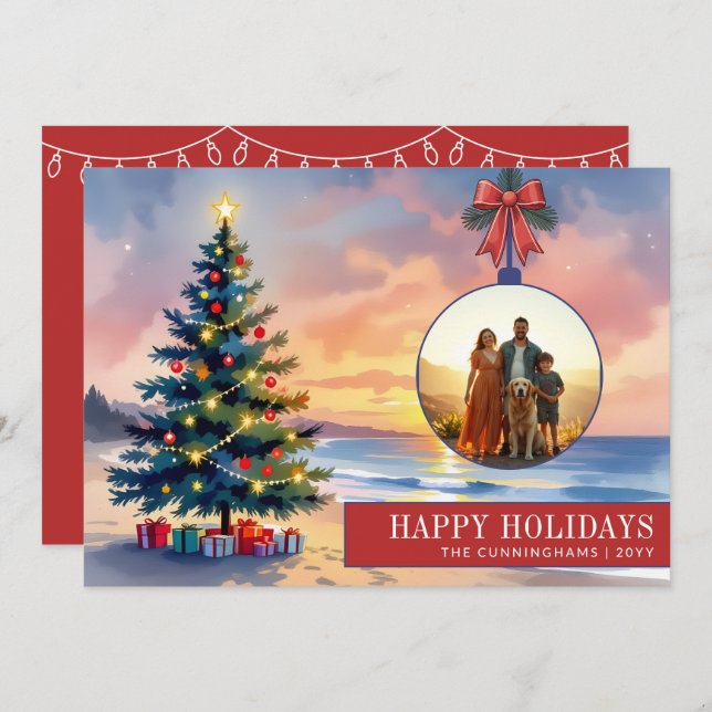 Custom Modern Watercolor Beach Christmas Ornament Holiday Card (Front/Back)