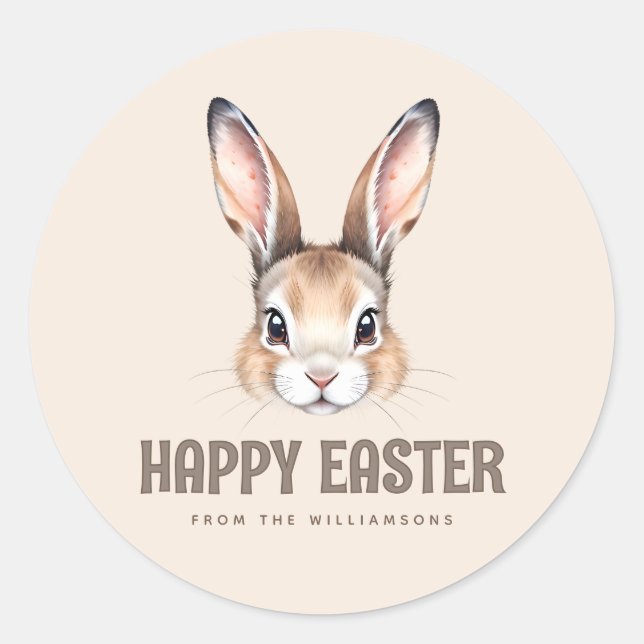 Custom Modern Watercolor Cute Easter Bunny Neutral Classic Round Sticker (Front)
