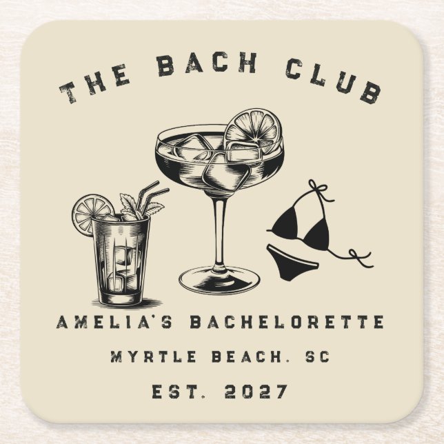 Custom Modern Weekend Bachelorette Beach Party Square Paper Coaster (Front)