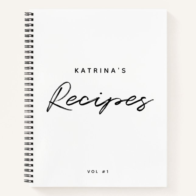 Custom Modern White Black Minimalist Script Recipe Notebook (Front)