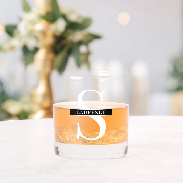 Custom Modern White Name On Black Banner Whiskey Glass (Insitu (Wedding))