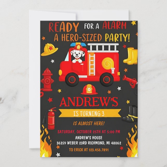 Custom Modren Fire truck Birthday party Invitation (Front)