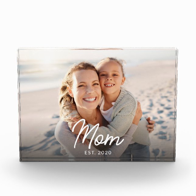 Custom Mom Established Modern Script Photo Block (Front)