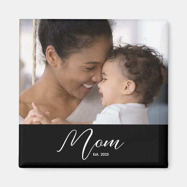 Custom Mom Established Modern Script Photo Magnet (Front)
