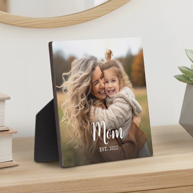 Custom Mom Established Modern Script Photo Plaque (Mom established photo with pretty script text)