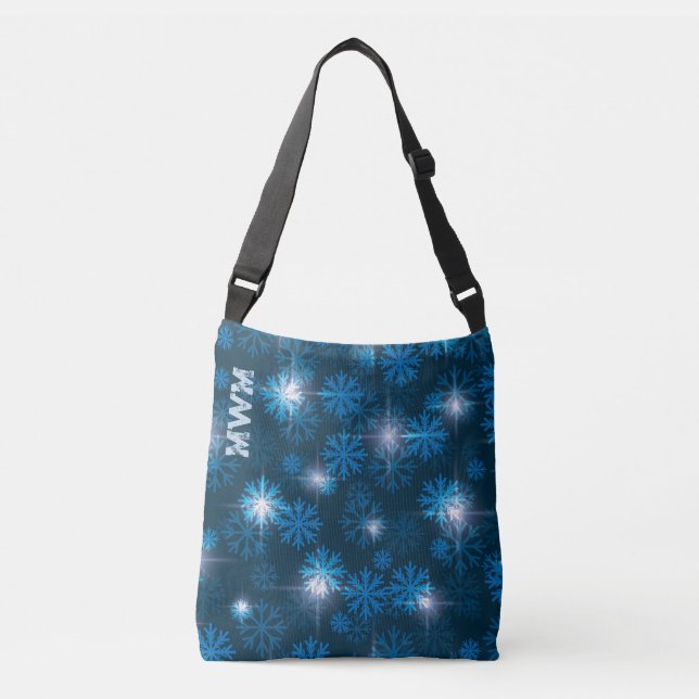 Custom Monagram Winter Snowflakes Blue  Crossbody Bag (Front)