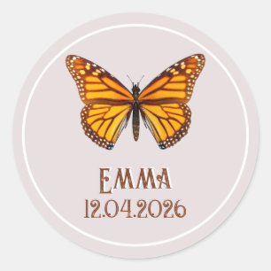 Custom Monarch Butterfly Name Date Art Classic Round Sticker
