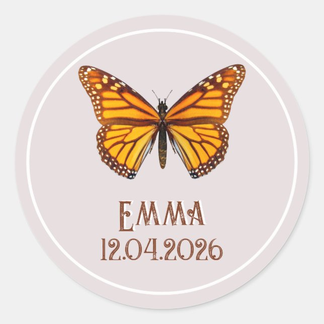 Custom Monarch Butterfly Name Date Art Classic Round Sticker (Front)
