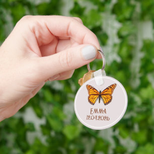 Custom Monarch Butterfly Name Date Art Key Ring