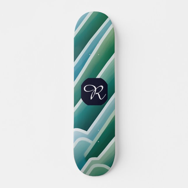 Custom Monogram Abstract Blue Green Skateboard (Front)