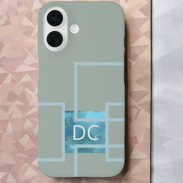 Custom monogram abstract geometric sage green teal Case-Mate iPhone case (Creator Uploaded)