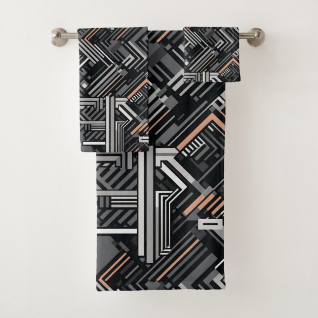 Custom Monogram Abstract Industrial Pattern Bath Towel Set (Insitu)