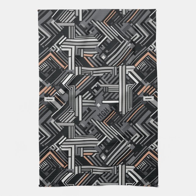 Custom Monogram Abstract Industrial Pattern Tea Towel (Vertical)