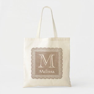 Custom Monogram and Name Burlap Lace V02A Tote Bag