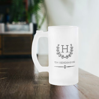 Custom Monogram and Name Laurel Frosted Glass Beer Mug