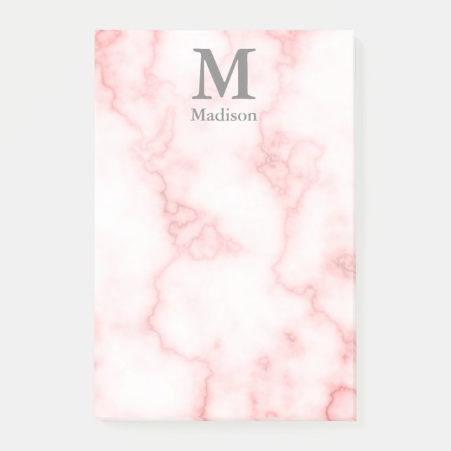 Custom Monogram and Name on Faux Pink Marble Post-it Notes (Front)