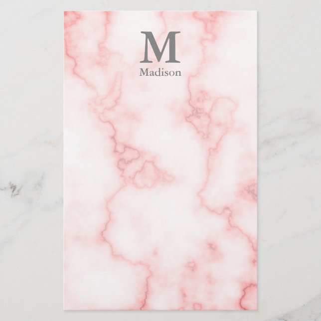 Custom Monogram and Name on Faux Pink Marble Stationery (Front)