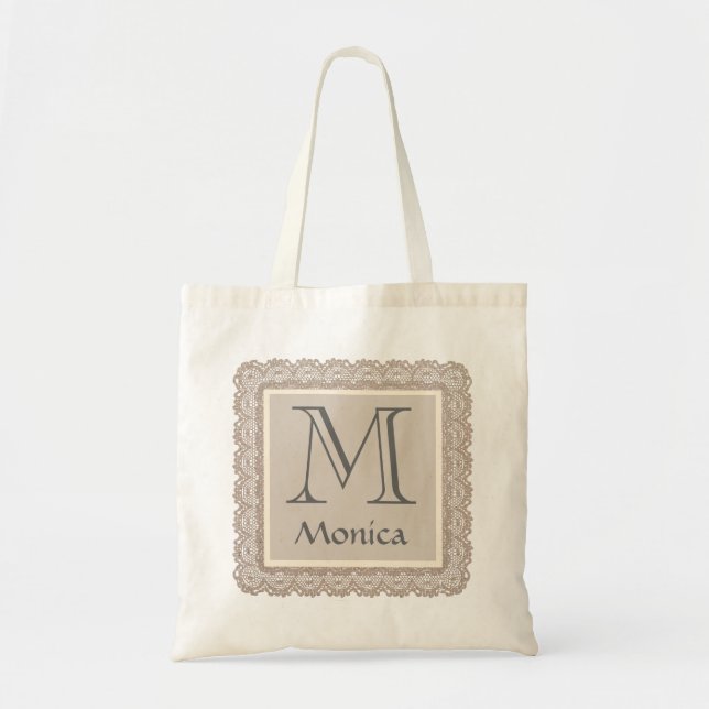 Custom Monogram and Name Tan Burlap Lace V03D Tote Bag (Front)