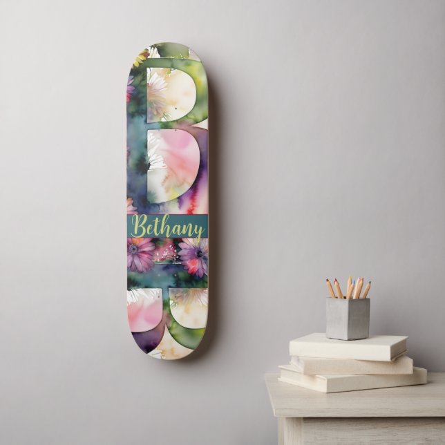 Custom Monogram B Jewel Tone Watercolor Floral  Skateboard (Wall Art)