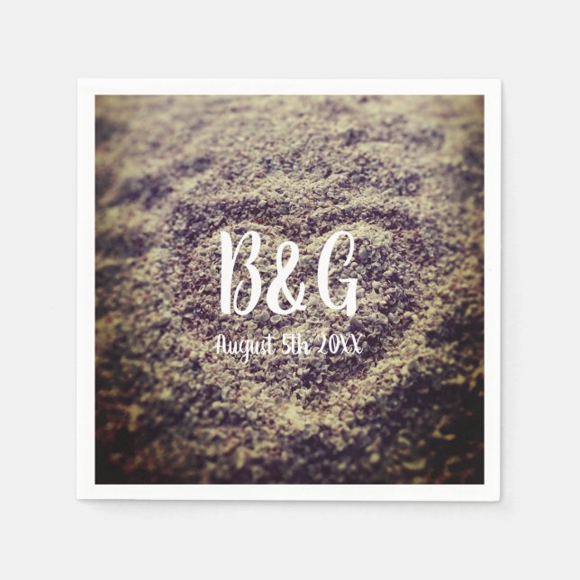 Custom monogram beach wedding heart in sand photo napkin (Front)