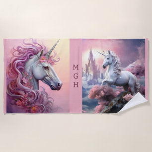 Custom Monogram Beautiful Unicorns Beach Towel